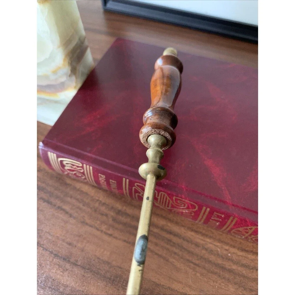 Antique Brass Bell Hinge Candle Snuffer Wooden Handle Patina Vintage Unique 13”